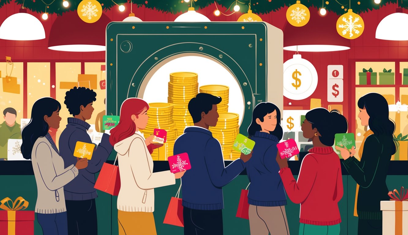 Shoppers exchanging holiday gift cards at a retail counter shaped like a vault with money inside, surrounded by festive decorations.