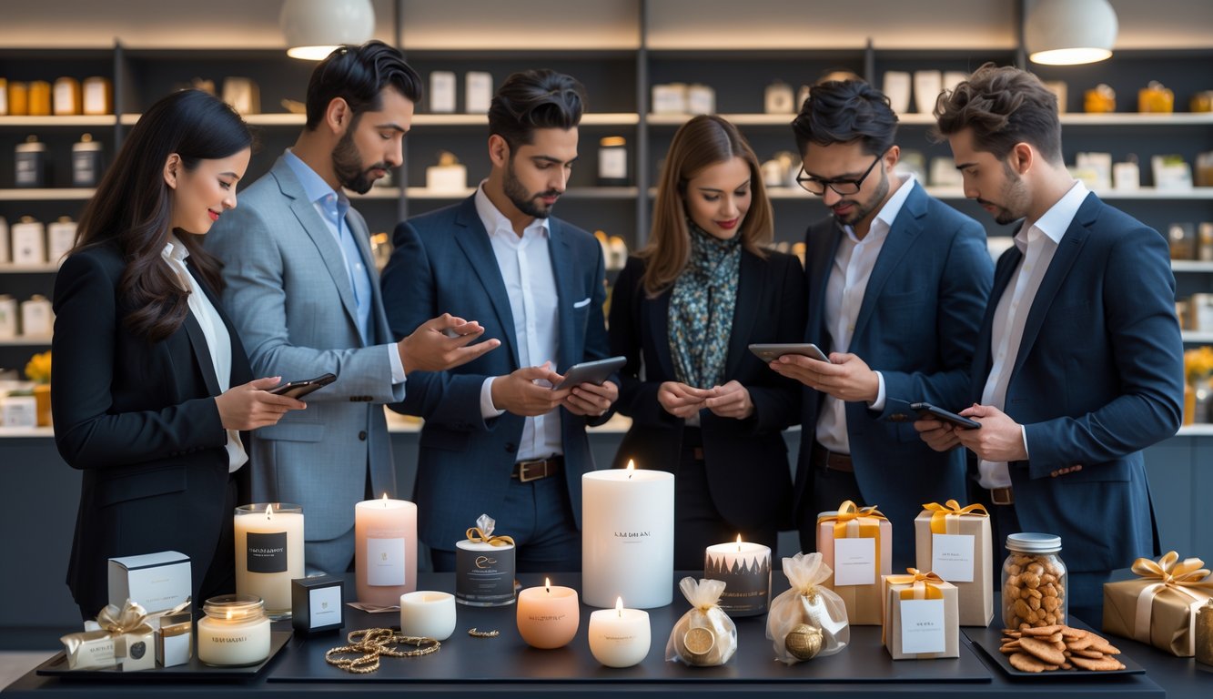 A group of retail buyers examining unique gift items together in a modern store setting.