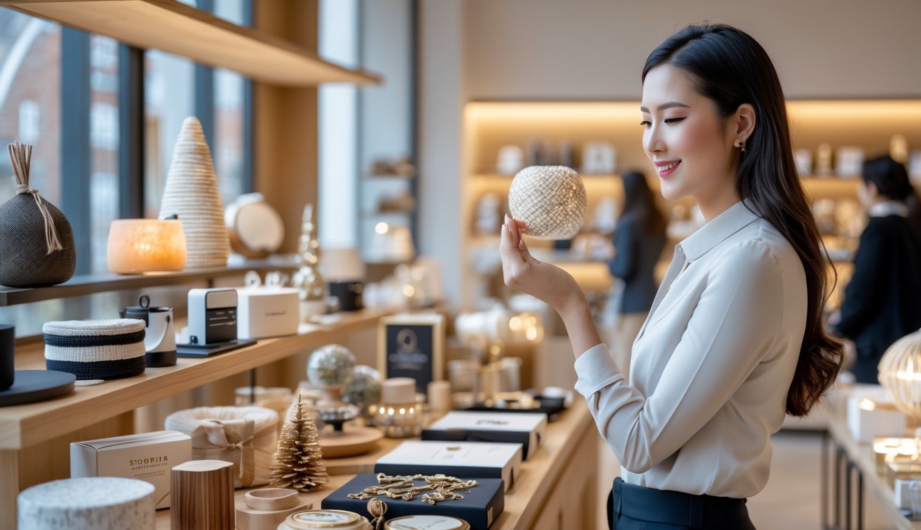 A retail buyer examining unique gift items displayed in a modern store with shelves of diverse products and shoppers in the background.