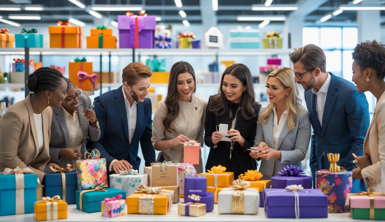 A group of retail buyers discussing and examining unique gift items around a table in a bright office.