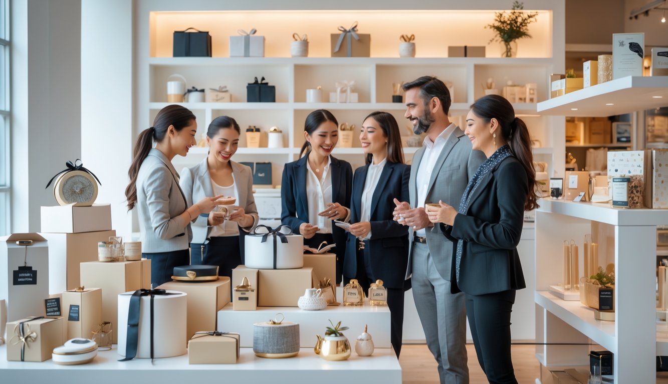 Retail buyers quietly examining a variety of unique and practical gift items displayed in a modern store.