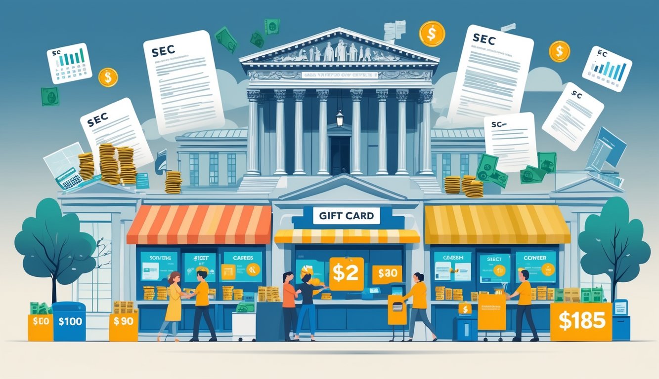 A scene showing a government building with legal documents, retailers exchanging gift cards turning into money, and clocks representing expiration dates.