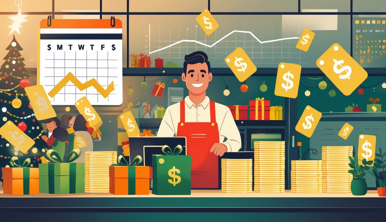 A holiday retail store with shoppers exchanging gift cards at checkout while the retailer stands behind the counter with a confident expression, surrounded by glowing gift cards and symbols representing financial gain.