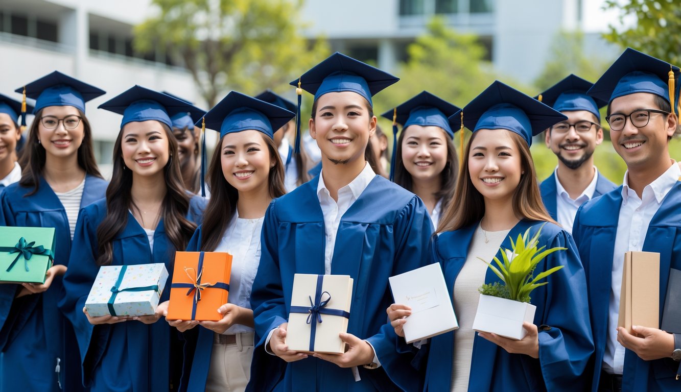 A group of graduates in caps and gowns holding modest graduation gifts and smiling outdoors on a school campus.