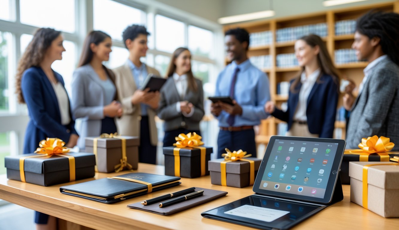 A group of students and a teacher in a school office with a table displaying various graduation gifts like notebooks, pens, and tech devices.
