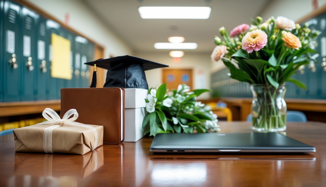 A neatly arranged set of graduation gifts including a wrapped box, leather planner, laptop, and flowers on a wooden desk with a blurred school hallway and graduation cap in the background.