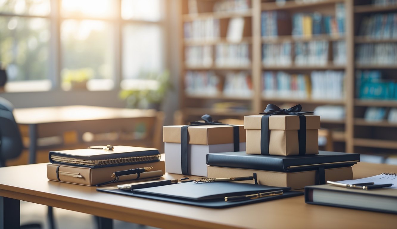 A table with graduation gifts including notebooks, pens, and a wrapped box in a school setting with bookshelves in the background.