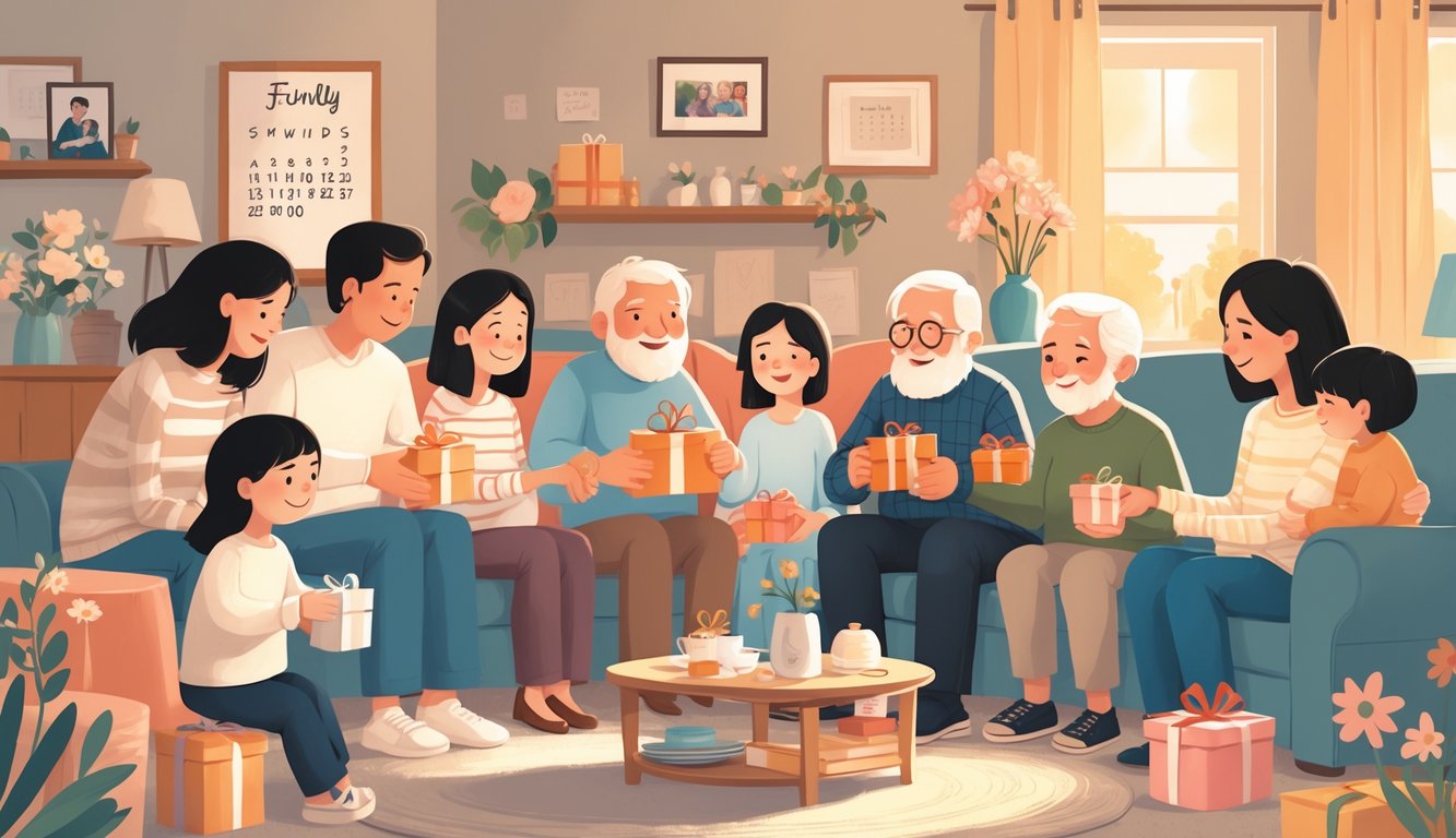 Families quietly exchanging small gifts in a cozy living room after major life events, sharing gentle smiles and warm interactions.