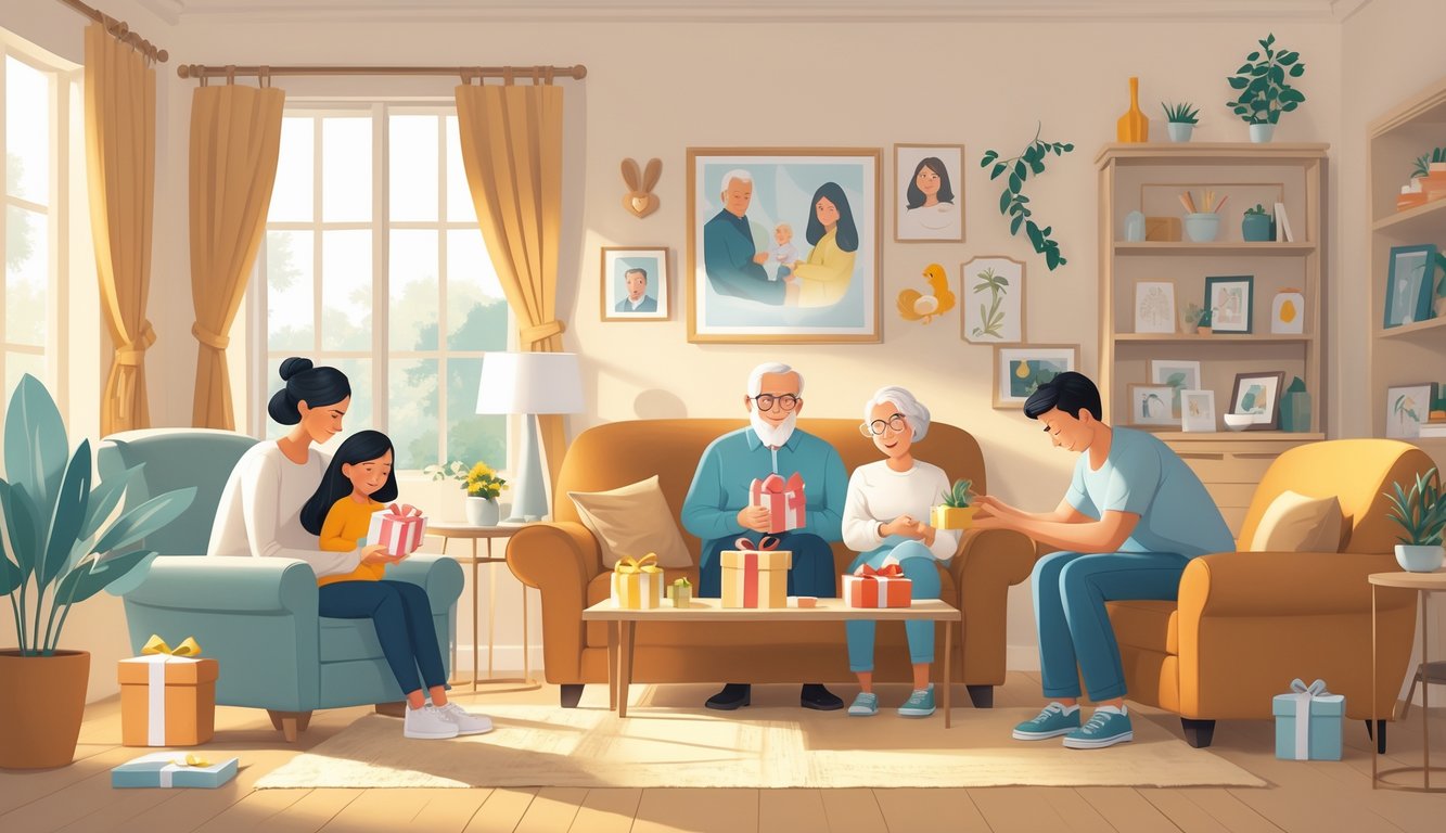 A family in a living room exchanging thoughtful gifts, showing moments of care and reflection after important life events.