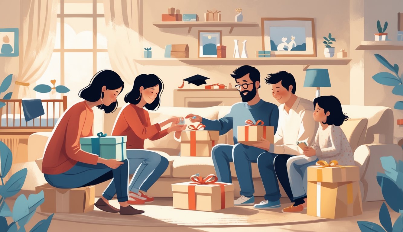Families quietly exchanging thoughtful gifts in a cozy living room with subtle signs of major life events like a baby crib, graduation cap, and wedding photo.