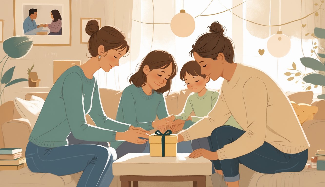 A family quietly giving gifts and cleaning up together in a cozy living room, showing care and support after important life events.