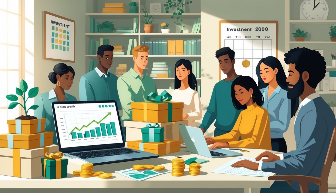People in a home office thoughtfully shopping for gifts with investment symbols like coins and plants around them, suggesting quiet wealth building.