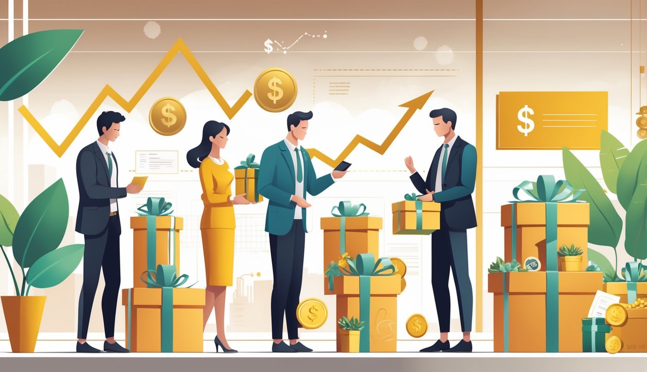 Shoppers in a modern store thoughtfully choosing investment-themed gifts like gold coins and piggy banks, with symbols of growing wealth in the background.