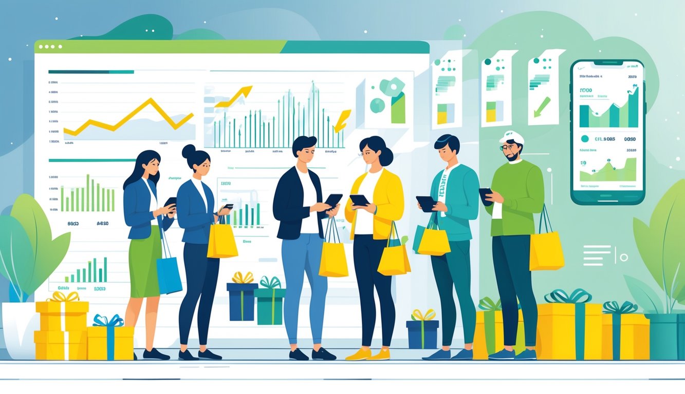 A group of shoppers in a modern store thoughtfully considering gifts, with subtle financial symbols like graphs and coins integrated into the scene.