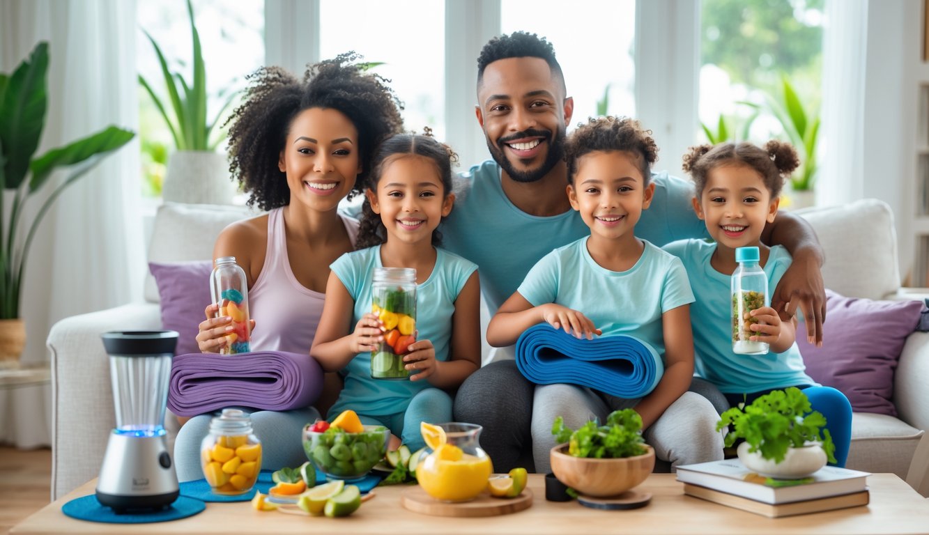 A happy family of four in a bright living room using wellness gifts like fitness trackers, a blender with fruits, yoga mats, and water bottles to promote healthy habits together.