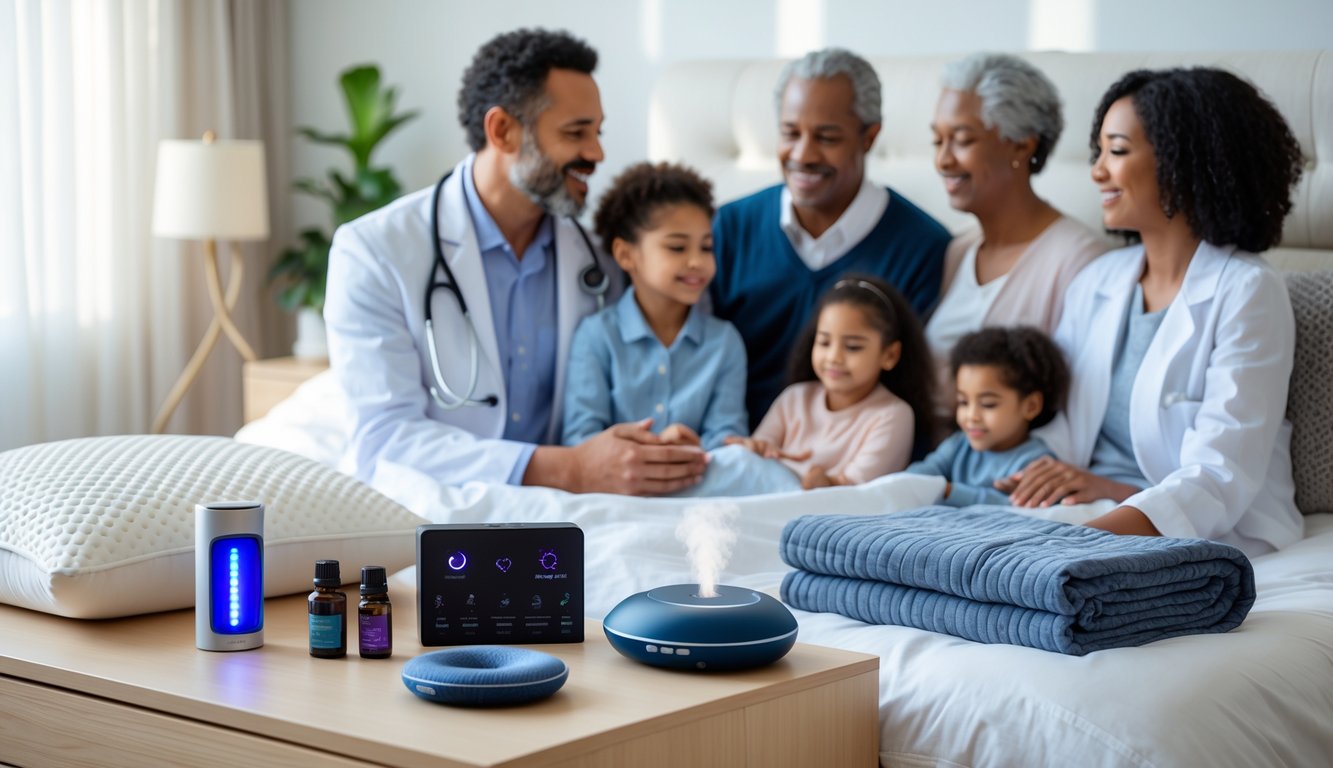 A family receiving sleep and recovery wellness gifts in a bright bedroom with a doctor advising them, surrounded by sleep-related items like a pillow, diffuser, and weighted blanket.