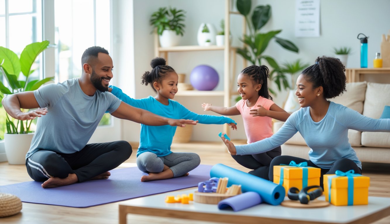 A family of four doing light exercises together in a bright living room with wellness gifts displayed nearby.