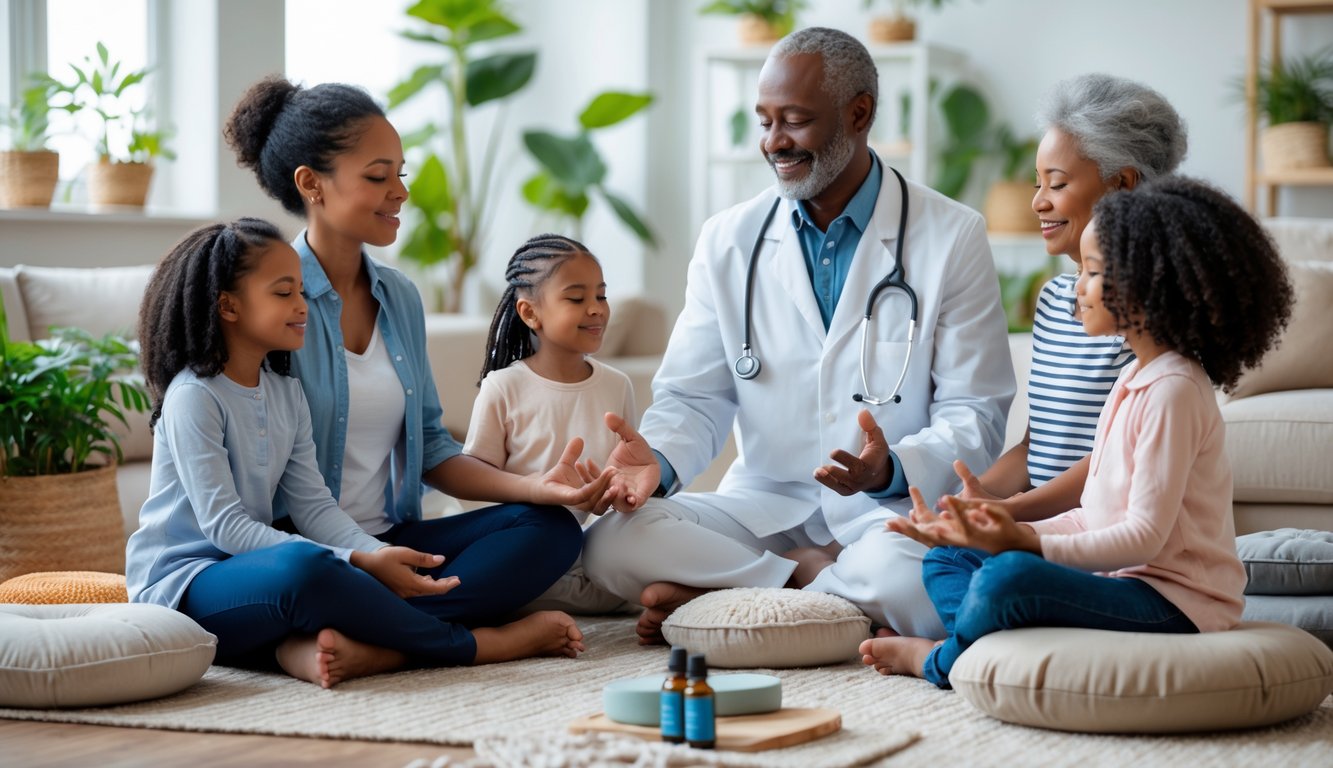 A multi-generational family meditating together indoors with a doctor guiding them, surrounded by wellness items in a calm living room.