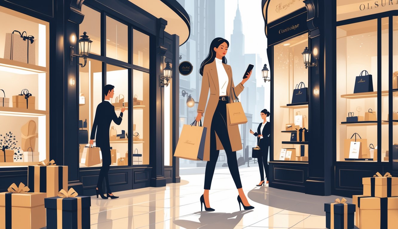 A shopper holding a smartphone and shopping bag in a luxury shopping district with high-end stores and gift boxes.