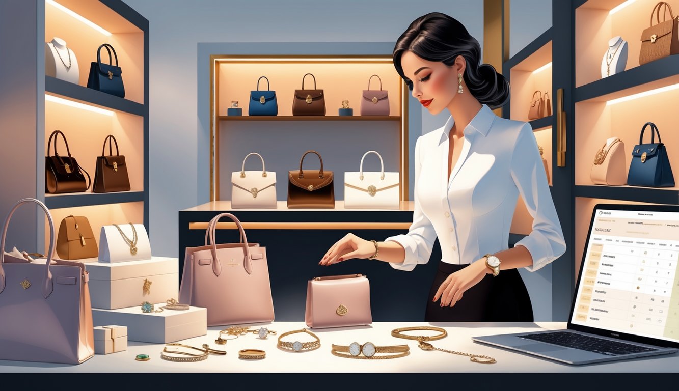 A professional buyer examines luxury handbags and jewelry in an elegant boutique, using a laptop and smartphone to assist with shopping.