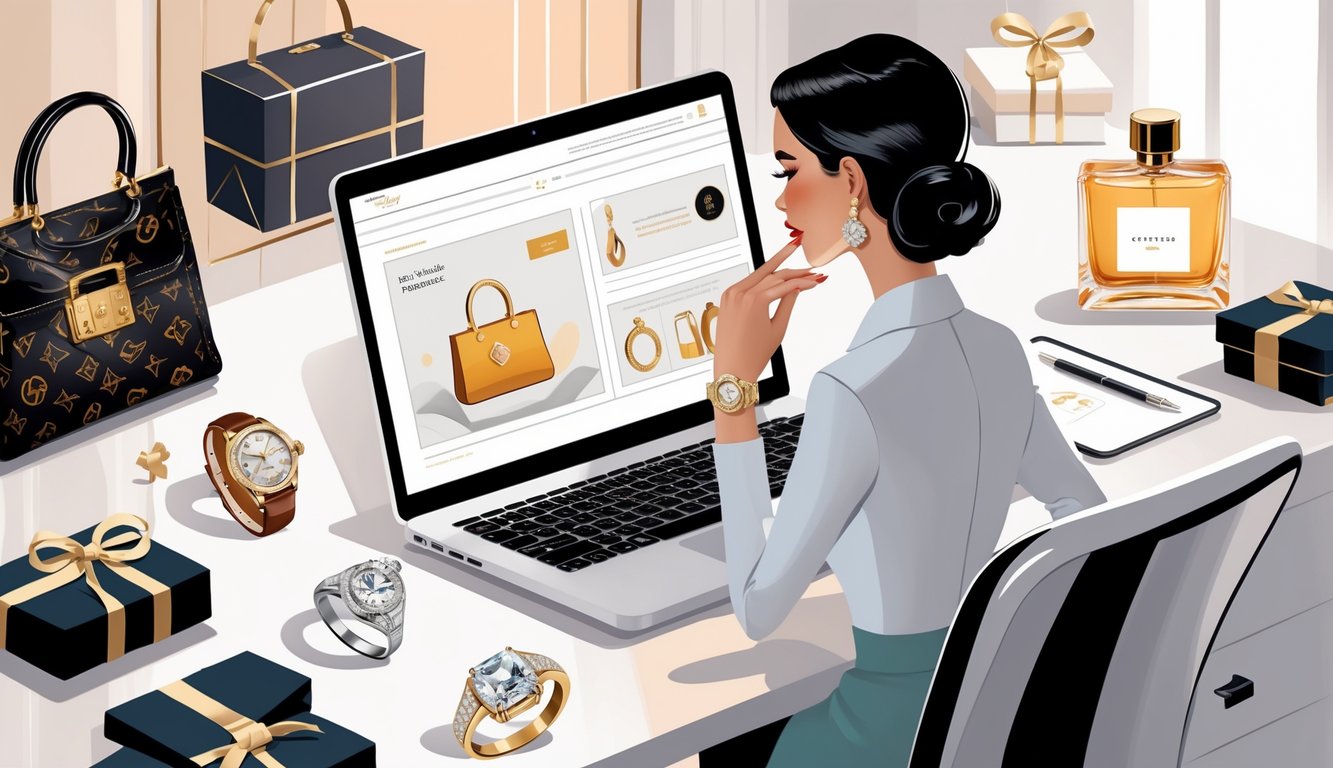 A person browsing a laptop surrounded by rare luxury items like a designer handbag, watch, ring, and perfume, in a stylish workspace.