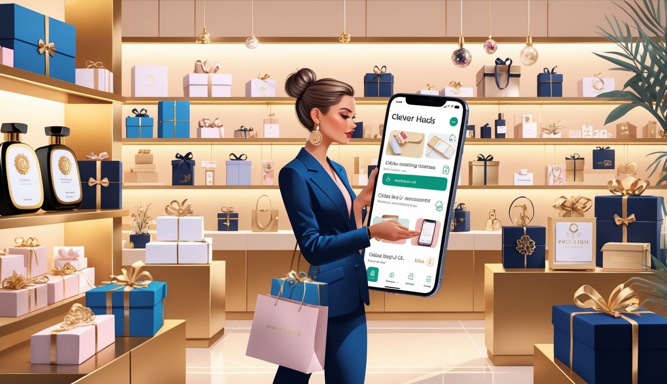 A stylish shopper in a luxury boutique surrounded by exclusive gift items, holding a smartphone with shopping tips displayed.