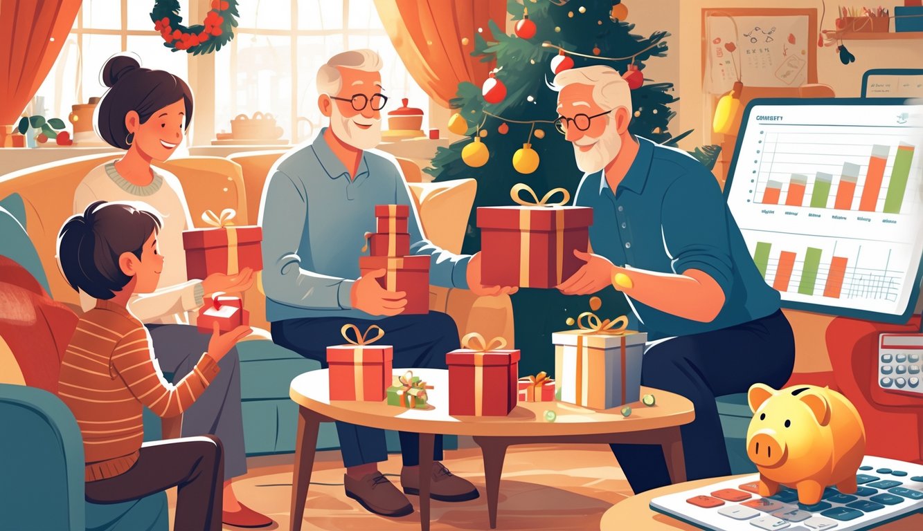 A family exchanging gifts in a cozy living room with holiday decorations, while one adult reviews financial plans nearby.