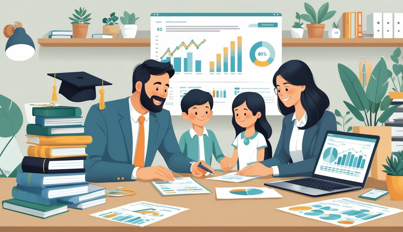 A family sitting at a table discussing finances with symbols of education and medical expenses, including books, a graduation cap, and a stethoscope, in a home office setting.