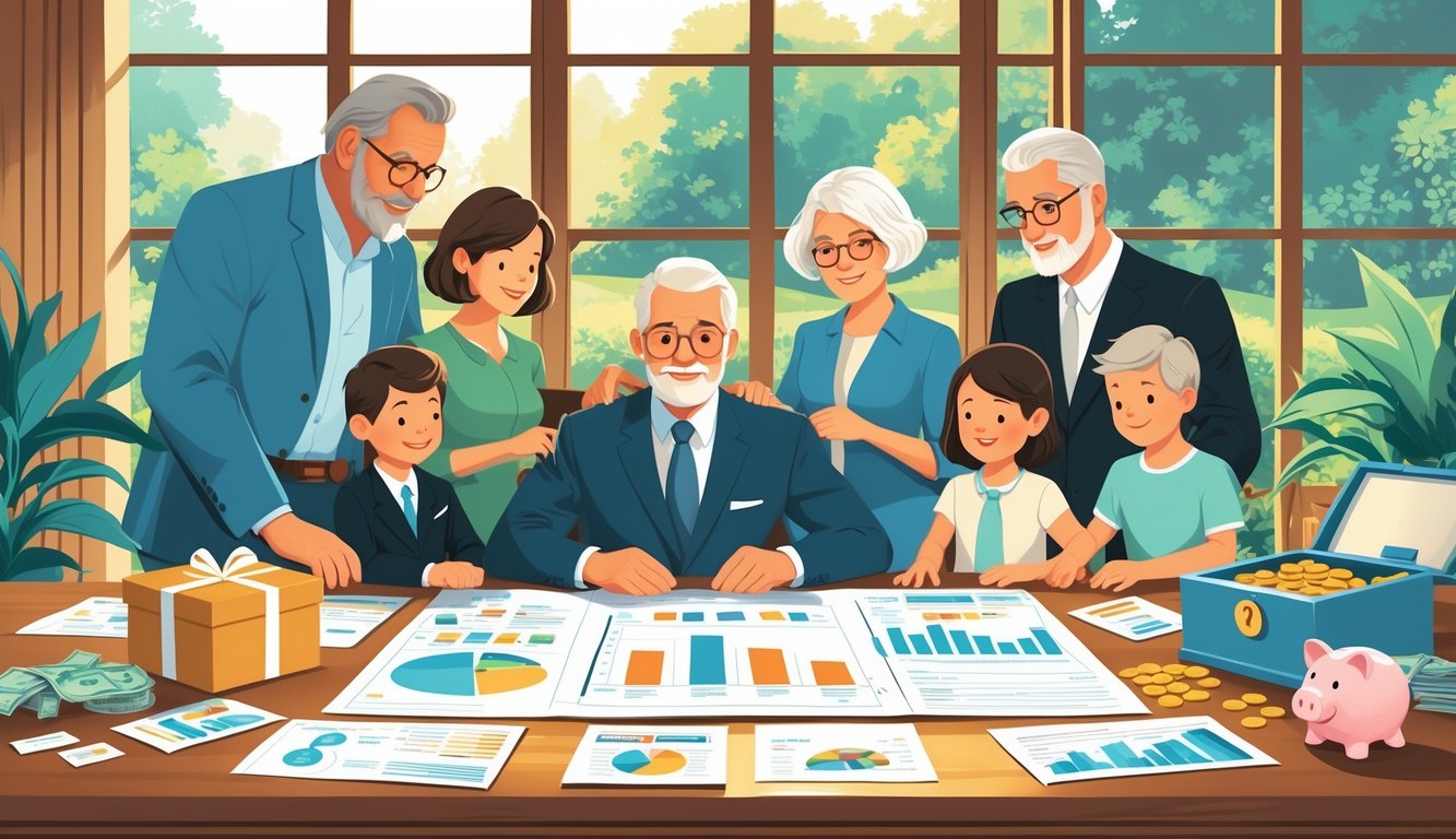A multi-generation family gathered around a table with financial documents, gift boxes, and a safe, symbolizing family gift giving and investment planning.