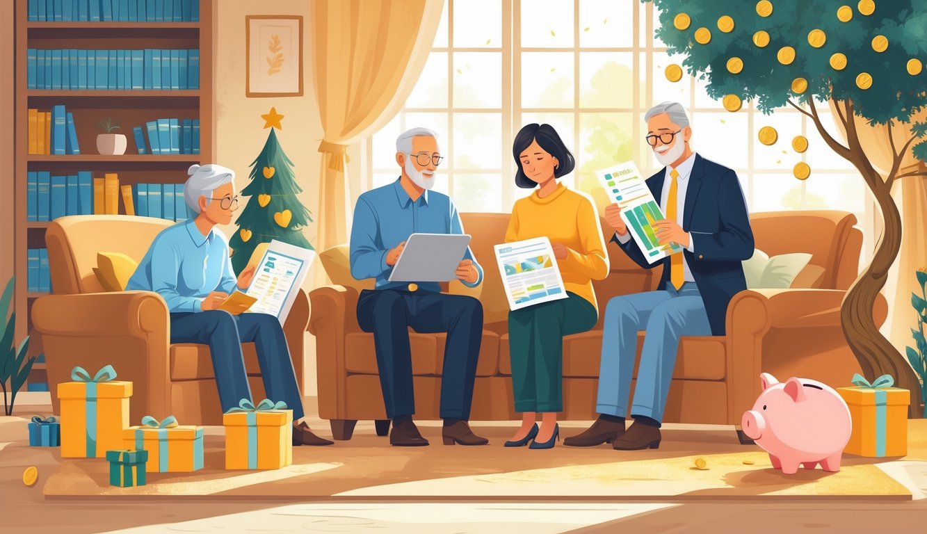 A family meeting with an older couple and a financial advisor discussing documents, surrounded by symbols of gift giving and financial growth in a cozy living room.